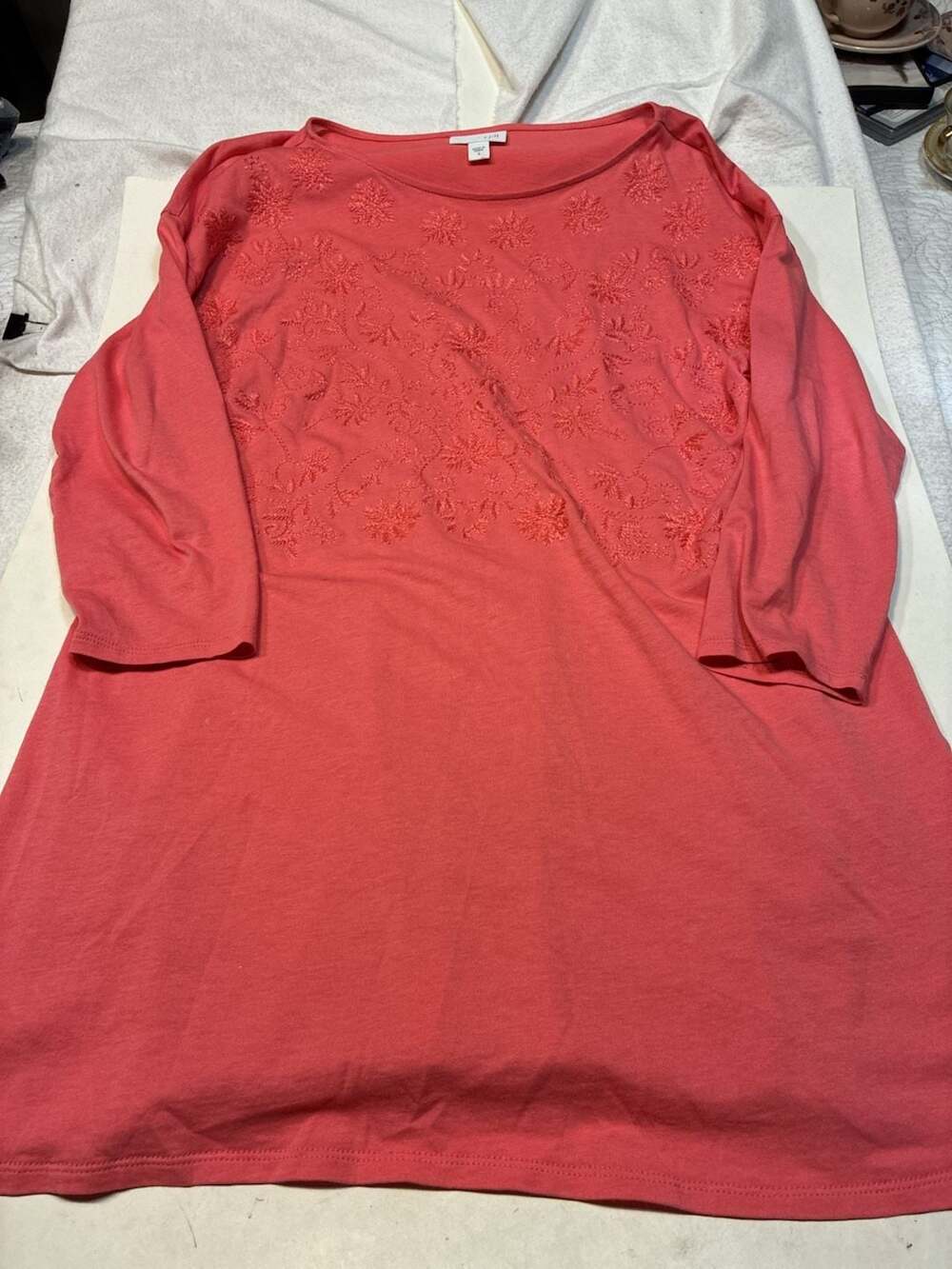 J.Jill Embroidered Tunic Size S Coral Pink Floral Top 3/4 Sleeve